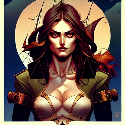 Image similar to artgerm, joshua middleton comic cover art, pretty pirate phoebe tonkin smiling, symmetrical eyes, symmetrical face, long curly black hair, on a pirate ship background, warm colors