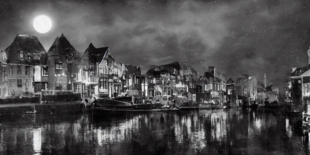 Image similar to Dutch houses along a river, silhouette!!!, Circular white full moon, black sky with stars, lit windows, stars in the sky, b&w!, Reflections on the river, a man is punting, flat!!, Front profile!!!!, high contrast, HDR, concept art, street lanterns, 1904, Style of Frank Weston, illustration