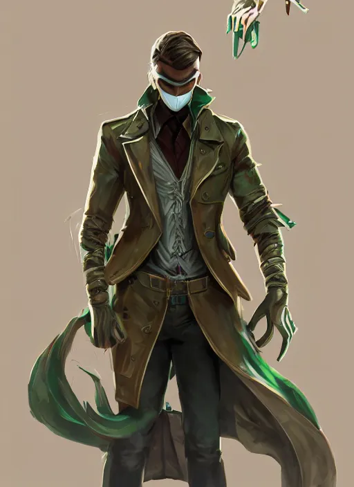 Prompt: a highly detailed illustration of thick wavy brown haired young white guy wearing brown detective trench coat and wearing dark green mask, with long mechanical arms on his back, dramatic standing pose, intricate, elegant, highly detailed, centered, digital painting, artstation, concept art, smooth, sharp focus, league of legends concept art, WLOP
