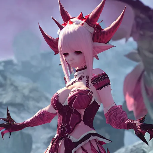 Image similar to A cute woman with horns, patches of scales, and a spiked tail, Au Ra, Final Fantasy XIV, pink clothing, ingame screenshot, friendly