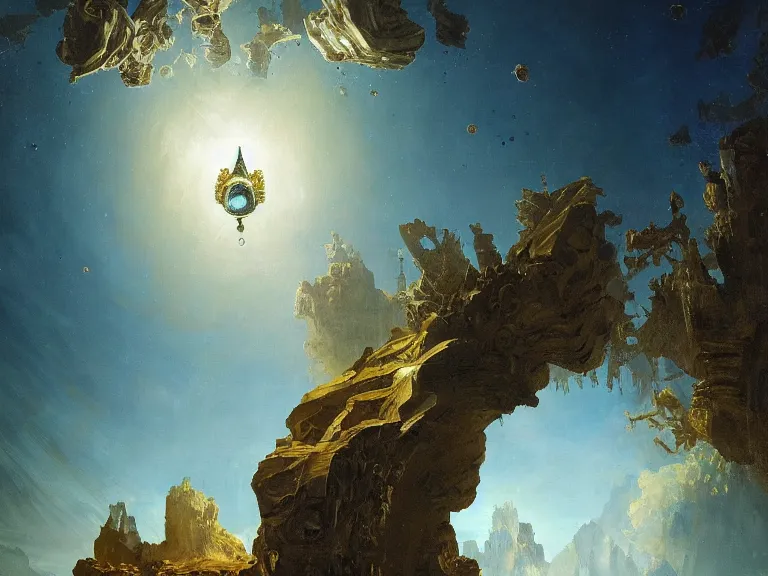 Prompt: an oil painting of a caynon on an alien planet with a fractal crystal floating above the ground reflecting light by carl spitzweg and tuomas korpi. baroque elements, full-length view. baroque element. intricate artwork by caravaggio. Trending on artstation. 8k