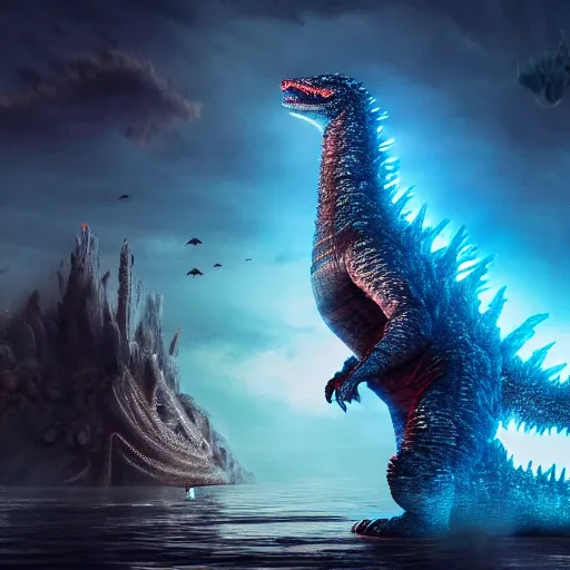 Image similar to godzilla, expressive eyes, floating, rbc, radiolaria, protophyta, micro - organisms, center frame, symmetric, rim light, marine microbiology, bioluminescence, electric, fur, soft, concept art, intricate details, highly detailed, colorful, photorealistic, disney pixar, octane render,