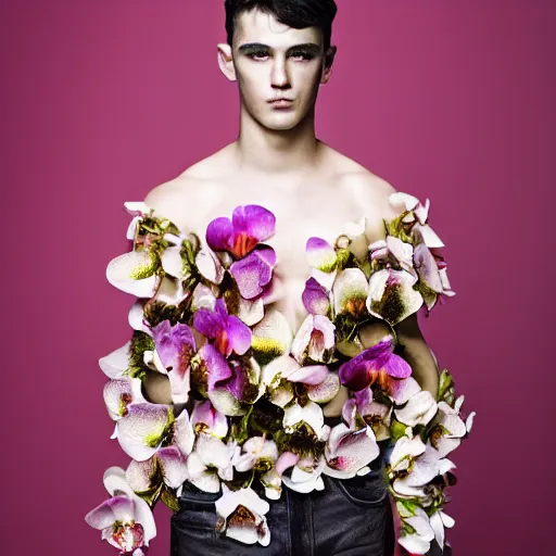 Prompt: a portrait of a beautiful young male wearing an alexander mcqueen croptop made of orchids , photographed by andrew thomas huang, artistic