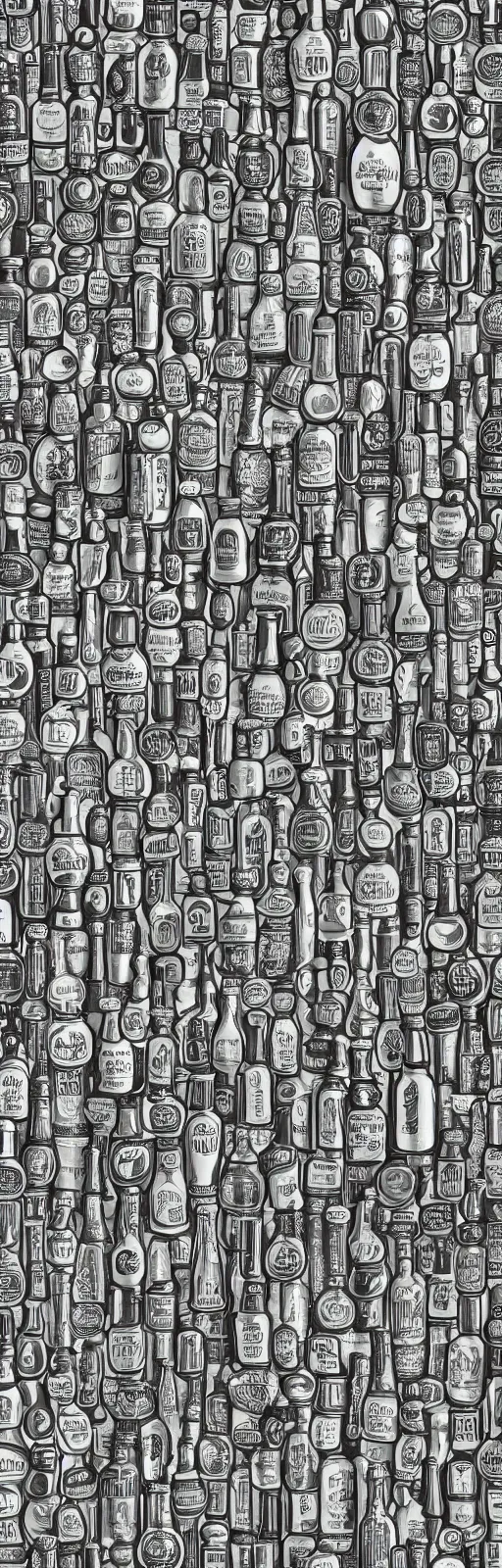 Image similar to repeating pattern of stylized beer bottles, extremely detailed and intricate, monochromatic