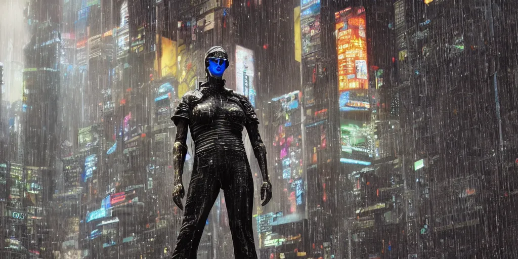 Image similar to cyberpunk statue, rain, space