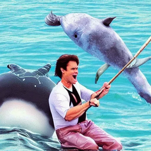 Prompt: jim carrey riding a narwhal, realistic