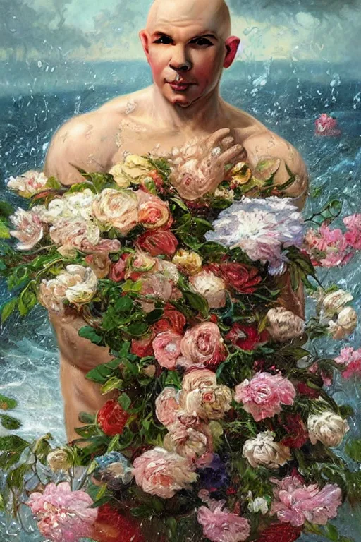 Image similar to portrait pitbull mr. worldwide holding a bouquet of flowing flowers, drenched body, wet dripping, hands hidden under the bouquet, emerging from the water, fantasy, regal, intricate, by stanley artgerm lau, greg rutkowski, thomas kindkade, alphonse mucha, loish, norman rockwell