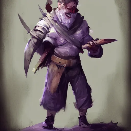 Image similar to duergar male child character portrait with pale purple skin, by Ismail Inceoglu, shabby clothes, leather pouch, wielding kitchen knife, smiling, youthful, dungeons and dragons, digital art