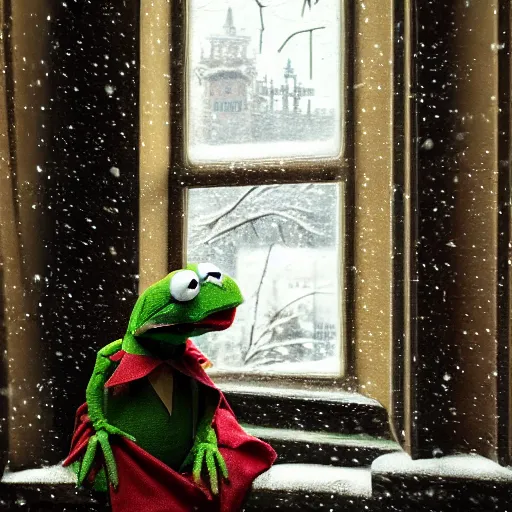 Image similar to Kermit the frog sits as it snows in the interior of a bourgeoise room, Still life with snow.