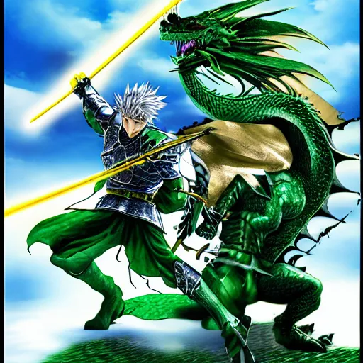 Prompt: dragon fight vs knight in green car with blue armor and a gold sword, berserk, manga