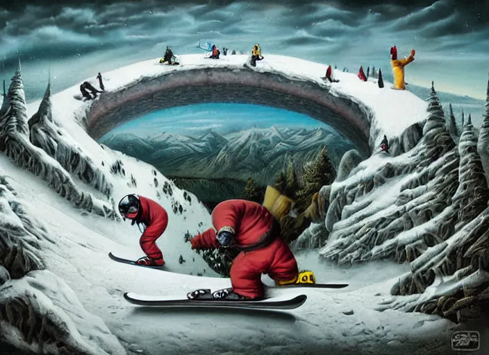 Prompt: a snowboard downhill with a portal to another dimension on the end, lowbrow, matte painting, 3 - d highly detailed, in the style of mark ryden,