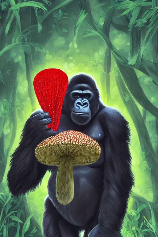 Image similar to gorilla holding an amanita muscaria, sunshine, by alba ballesta gonzalez and moebius. 4 k wallpaper, digital flat 2 d, japan animation, comic book, illustration, cinematic lighting, smooth sharp focus