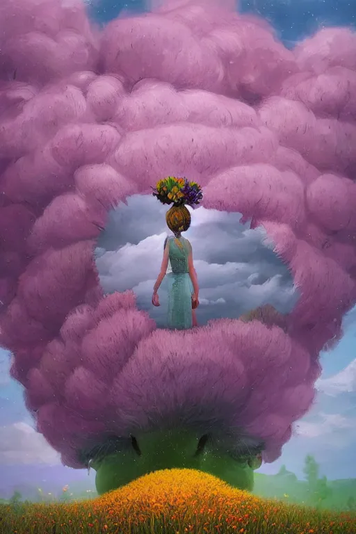 Prompt: closeup, giant flowers as the head, mohawk, woman in heather field, surreal photography, starlight, storm clouds, impressionist painting, digital painting, artstation, simon stalenhag
