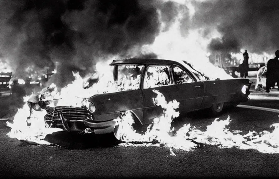 Image similar to car on fire, vintage movie still