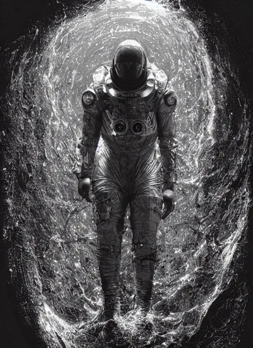 Image similar to astronauts in dark and empty void underwater - complex and hyperdetailed technical suit. reflection and dispersion materials. rays and dispersion of light. volumetric light. 5 0 mm, f / 3 2. noise film photo. flash photography. ultra realistic, wide angle. poster by wayne barlowe, hajime sorayama aaron horkey, craig mullins
