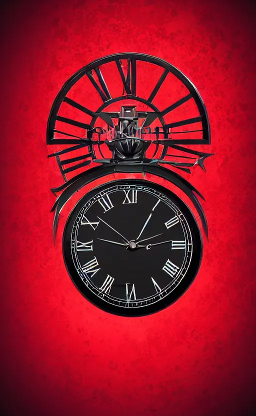 Image similar to a melting Roman numeral clock, behind a red and black gradient background, awith a black heart shaped on the top left corner and a black diamond card shape in the bottom right corner, dynamic lighting, photorealistic fantasy concept art, trending on art station, stunning visuals, cinematic, creative, ultra detailed