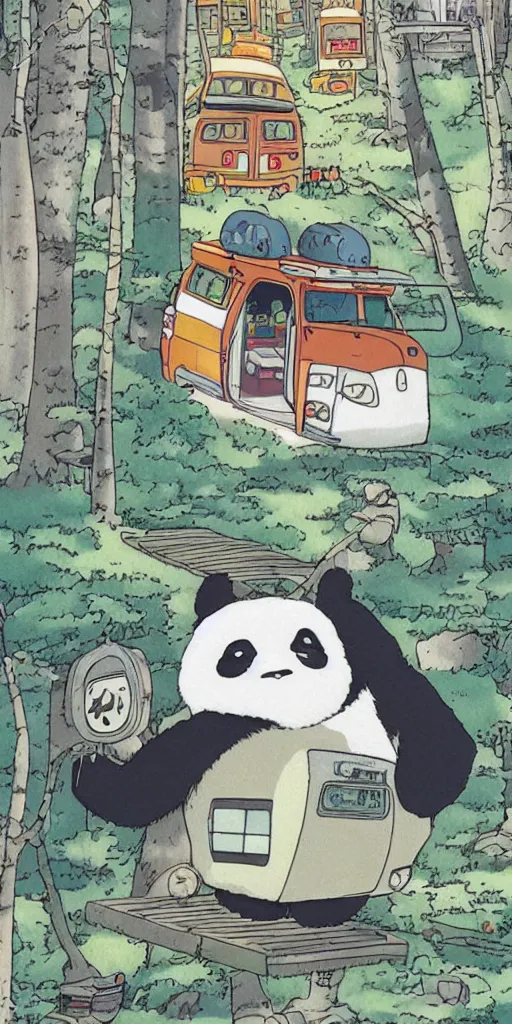 Image similar to a panda bus in like totoro, 1990s anime, full color, tarot card the chariot, highly detailed ,