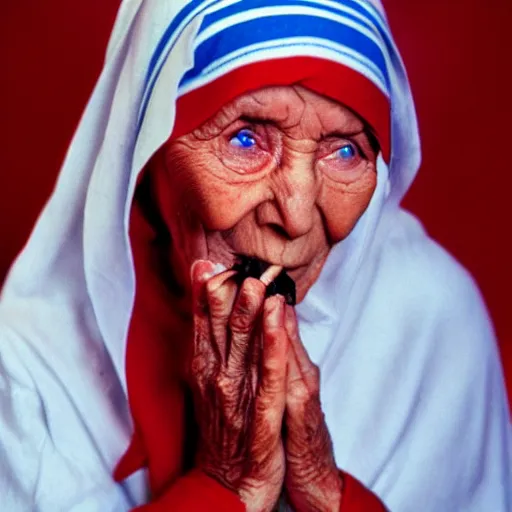 Image similar to mother theresa smoking marijuana, happy, red eyes