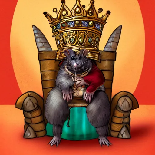 Prompt: a sewer rat wearing a golden crown, on a throne's seat, prize winning, trending on artstation, fantasy illustration, warm tones, comedic, digital art