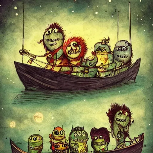 Prompt: a rowing boat of monsters floating in space, alexander jansson, artstation