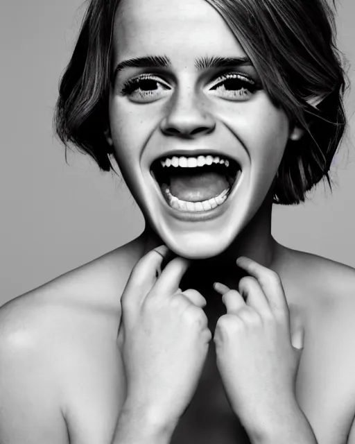 Prompt: A photo of laugh emma watson show wedding ring on his fingers. 50 mm. perfect ring. award winning photography