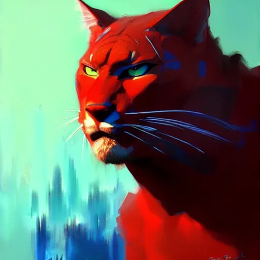 Prompt: big blue cat with red sable. turqoise background. painting by eddie mendoza, greg rutkowski