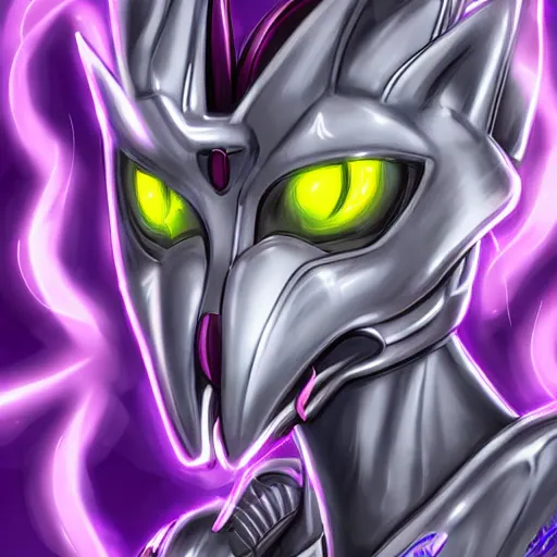 Prompt: detailed mawshot of a beautiful stunning anthropomorphic hot robot mecha female dragon, silver streamlined sharp armor, fuchsia flesh, glowing purple eyes, furaffinity, DeviantArt, Eka's Portal, G6