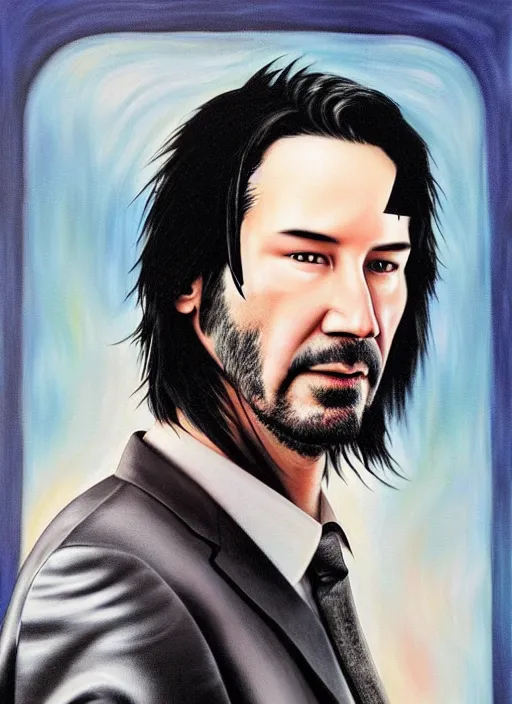 Prompt: highly realistic portrait of Keanu Reeves, by Marc Ryden and Simon Bisley