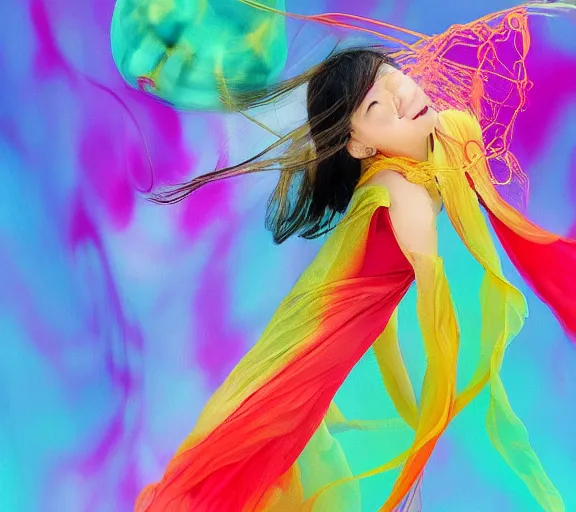 Prompt: abstract beautiful japanese woman jellyfish silk clothing colorful wind