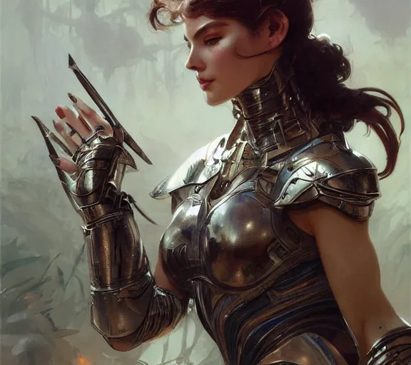 Image similar to photography girl warrior armour, chrome, deep focus, intricate, elegant, highly detailed, digital painting, artstation, concept art, matte, sharp focus, illustration, art by artgerm and greg rutkowski and alphonse mucha and gil elvgren