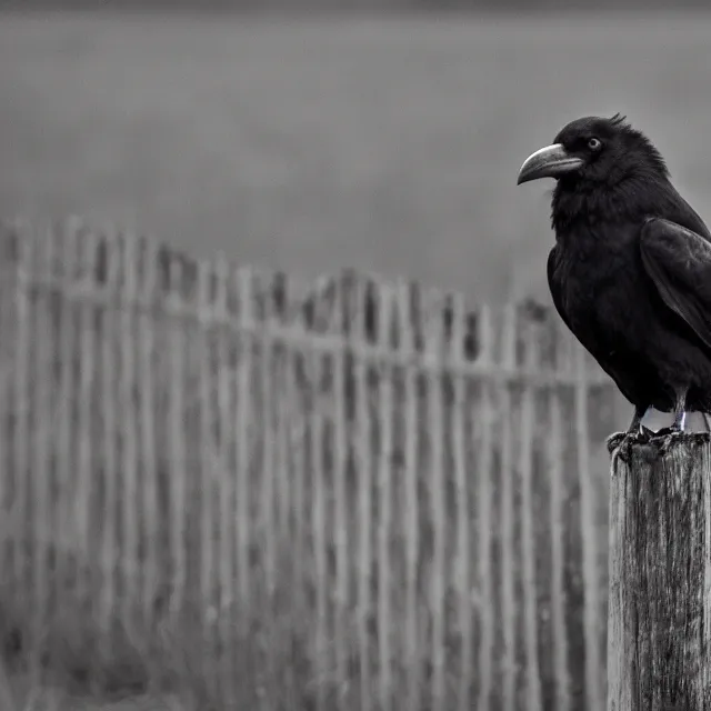 Image similar to crow on a fence post, nature photography, wildlife photography canon, sony, nikon, olympus, 4 k, hd, telephoto, award winning, depth of field, golden hour