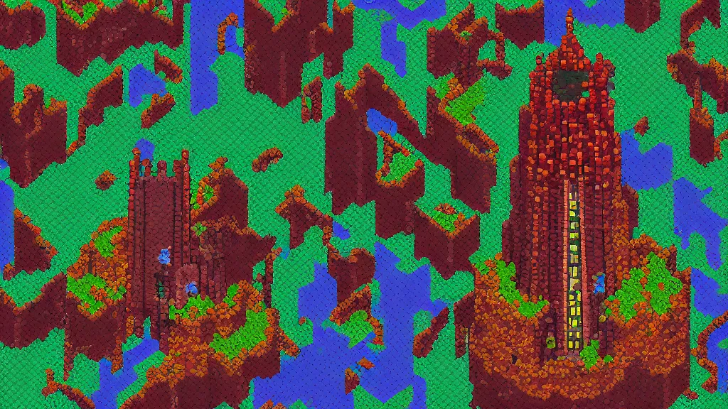 Image similar to Aerial view of a wizard tower surrounded by different kinds of gem mines and ominous caves, pixel art, colored