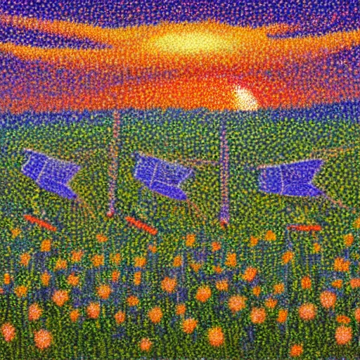 Prompt: three starship rockets landing in a field of flowers at sunset, pointillism and impressionist painting