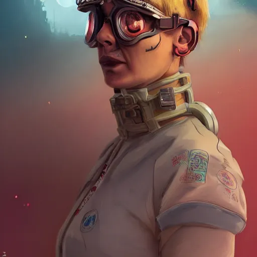 Prompt: tattooed stoic heroic emotionless butch blond woman engineer stranded on hostile dusty red alien planet, tribal chin - tattoo, awkward and anxious, victorian goggles, very short slicked - back hair, volumetric lighting, wlop, james jean, victo ngai! muted colors, rough paper, very detailed, craig mullins, thomas kinkade, cinematic