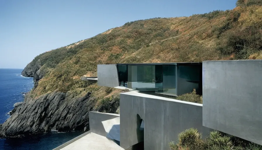 Image similar to modern house perched on a cliff overlooking a magnificient bay, drawing architecture, pritzker architecture prize, greig fraser