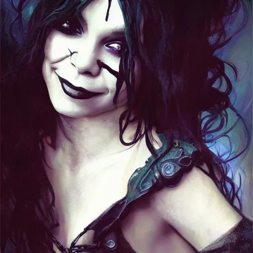 Image similar to beautiful portrait of vanessa hudgens as death from sandman, smiling, by cedric peyravernay, alphonse mucha, by jeremy mann, by lecouffe deharme, goth chic, soft lightning, eyeliner, punk rock, high detailed, 8 k