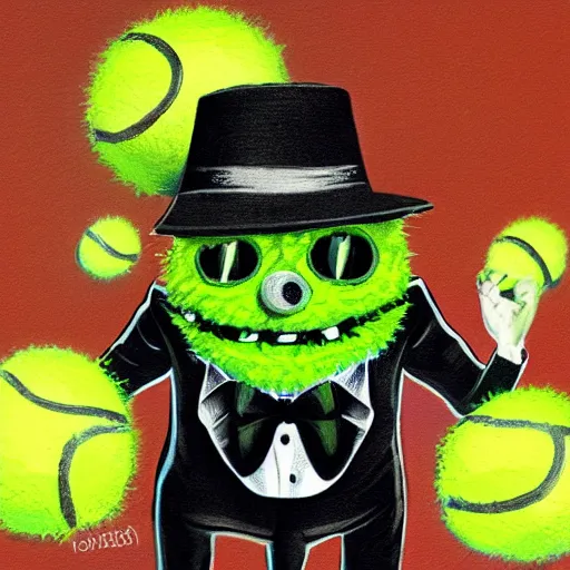 Prompt: a tennis ball monster, tennis ball, dark, chalky, wearing a suit, digital art, fantasy, magic, trending on artstation, ultra detailed, professional illustration by Basil Gogos