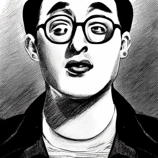 Image similar to A 1950s Style Comic-Like Drawing of Filthy Frank, grainy, realistic, hyperrealistic, very realistic, very very realistic, highly detailed, very detailed, extremely detailed, detailed, digital art, trending on artstation, detailed face, very detailed face, very detailed face, realism, HD Quality, 8k resolution, intricate details, body and head in frame, drawing, inked drawing, comic drawing, neat drawing, 1950s, 50s, in the style of Frank Hampson, in the style of Frank Bellamy, in the style of Dave Gibbons, in the style of Don Lawrence, in the style of Wally Wood