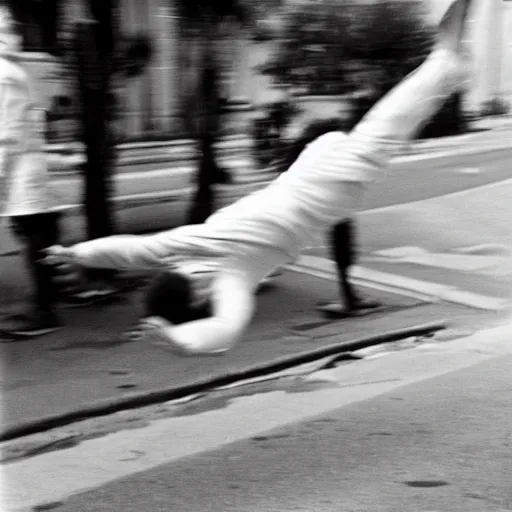 Prompt: A man doing a backflipping in the street, Miami, Motion Blur, photographed by Henri Cartier-Bresson on a Leica camera