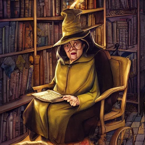 Image similar to Nanny Ogg as a motherly professor in Hogwarts School of Witchcraft and Wizardry, detailed, hyperrealistic, colorful, cinematic lighting, digital art by Paul Kidby and Jim Kay