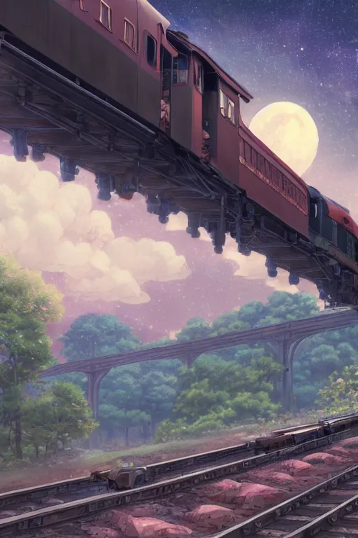 Prompt: a highly detailed matte painting of a steam train entering station under crescent moon and stars by studio ghibli, makoto shinkai, by artgerm, by wlop, by greg rutkowski, volumetric lighting, octane render, 4 k resolution, trending on artstation, masterpiece