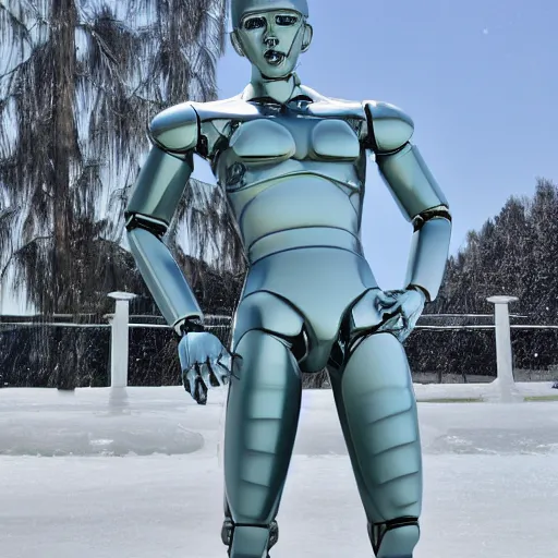 Image similar to made of ice, a realistic detailed photo of a guy who is an attractive humanoid who is half robot and half humanoid, who is a male android, on display, blank stare, showing off his muscles, shiny skin, posing like a statue, by the pool, frozen ice statue, twitch streamer / gamer ludwig, humanoid robot