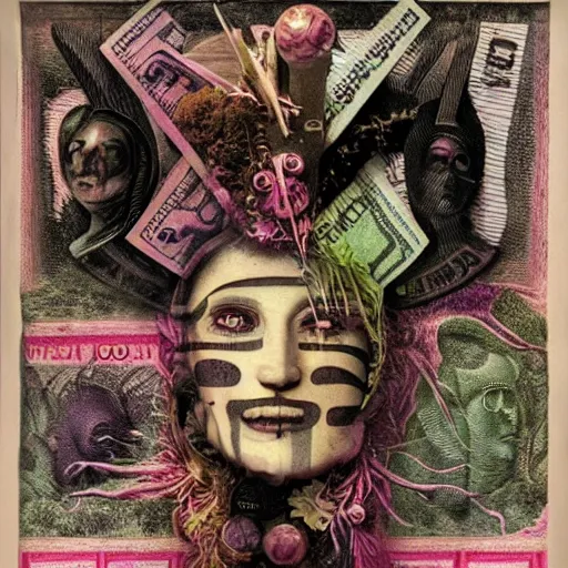 Image similar to post - punk new age album cover, asymmetrical design, dollar bank notes, capitalism, magic, apocalypse, psychedelic, black white pink, magic, giger h. r., giuseppe arcimboldo