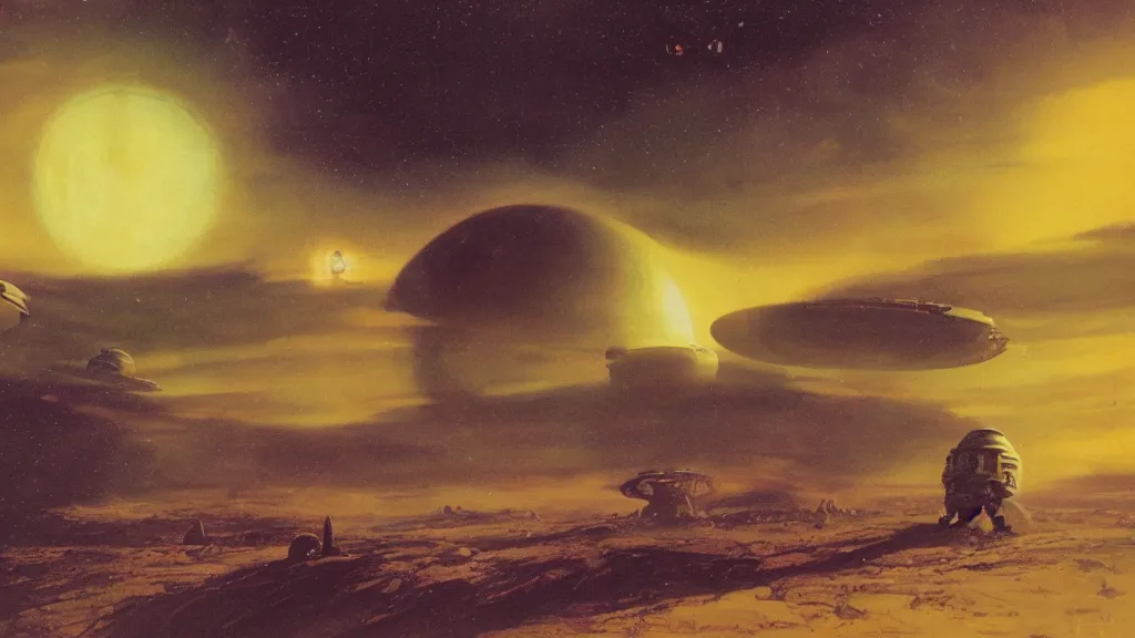 Image similar to eerie atmospheric alien planet with a small dropship pod landing by paul lehr and jack gaughan and john schoenherr, epic cinematic matte painting