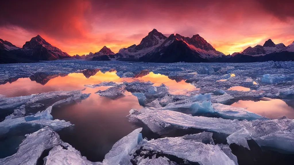 Image similar to amazing landscape photo of a glacier with lake in sunset by marc adamus, beautiful dramatic lighting