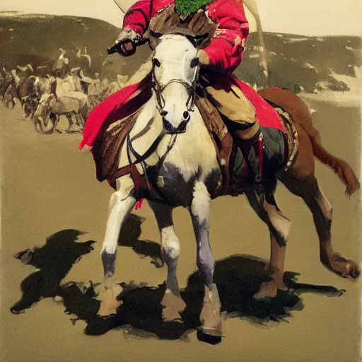 Prompt: portrait of man wearing chinmail and gambeson over colorful cloth on horseback, holding jousting lance, horse is wearing caparisons, medieval by greg manchess, bernie fuchs, walter everett, lost edges