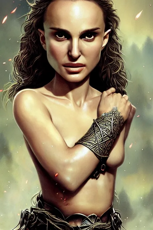 Image similar to natalie portman, legendary warrior, heroic, lord of the rings, tattoos, decorative ornaments, battle armor, by omar ortiz, valeri tsvetkov, carl spitzweg, ismail inceoglu, vdragan bibin, hans thoma, greg rutkowski, alexandros pyromallis, perfect face, fine details, realistic shading photorealism