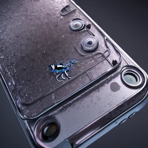 Image similar to A beautiful hyper realistic ultra detailed lifelike cinematic still of an old iphone, knolling, unreal engine, deviantart, flickr, artstation, octane render, textured, colorful, extreme realistic detail, physically based rendering, pbr render, very detailed, volumetric lighting, detailed lighting, octane render, 4k, cinematic lighting, 8k resolution