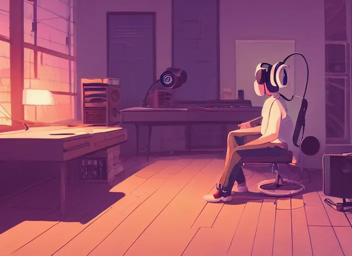 Image similar to man with headphones at his home studio producing music late at night, very detailed, 4 k, cory loftis, james gilleard, atey ghailan, makoto shinkai, goro fujita, studio ghibli, rim light, exquisite lighting, clear focus, very coherent, masterpiece