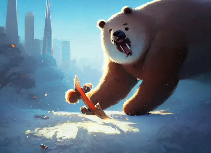 Image similar to highly detailed portrait of ice bear with axe, rampaging through san fransisco, art by greg rutkowski, loish, rhads, ferdinand knab, makoto shinkai and lois van baarle, ilya kuvshinov, rossdraws, tom bagshaw, global illumination, radiant light, detailed and intricate environment